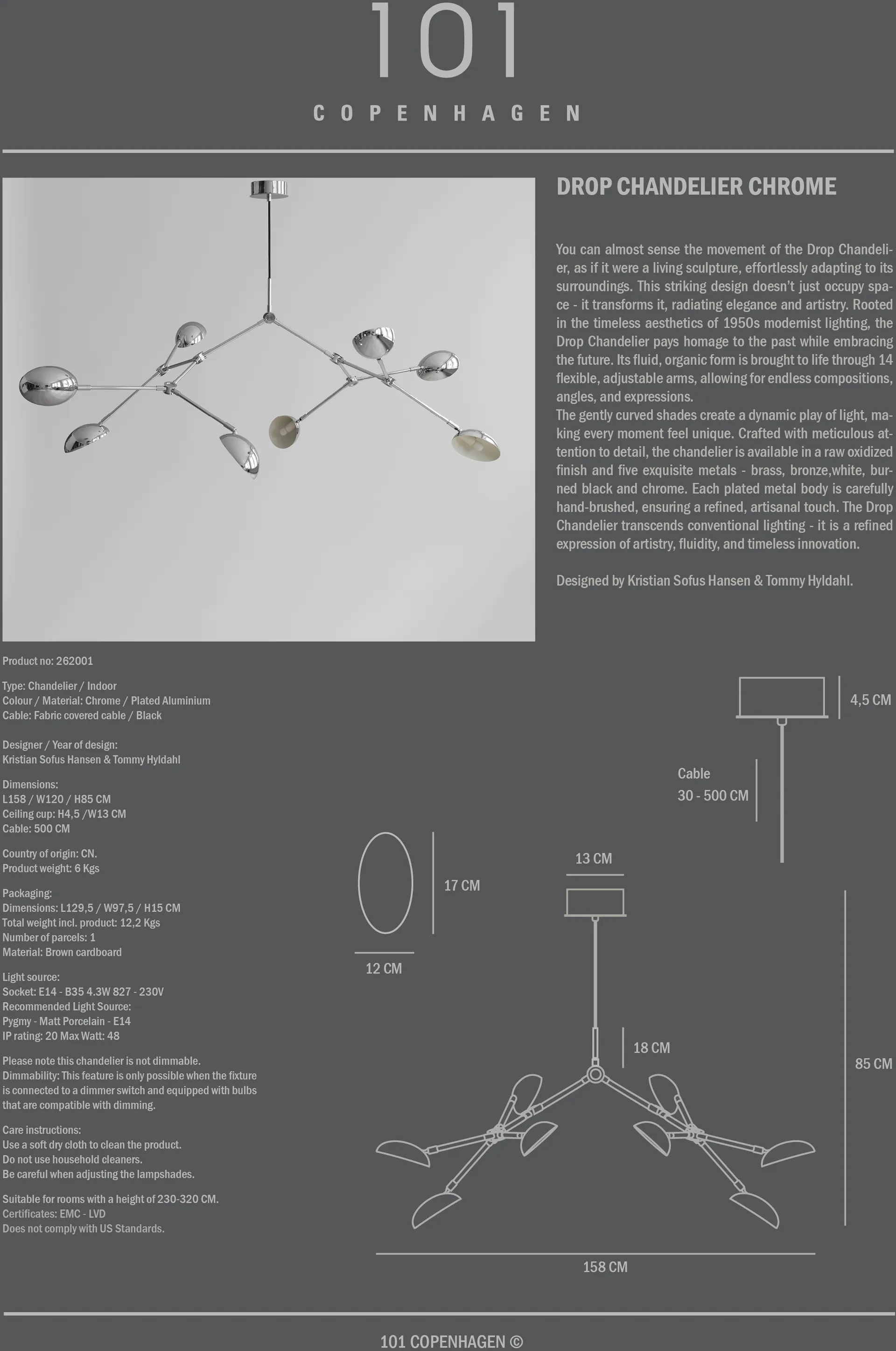 Drop Chandelier lysekrone, Chrome 101 Copenhagen