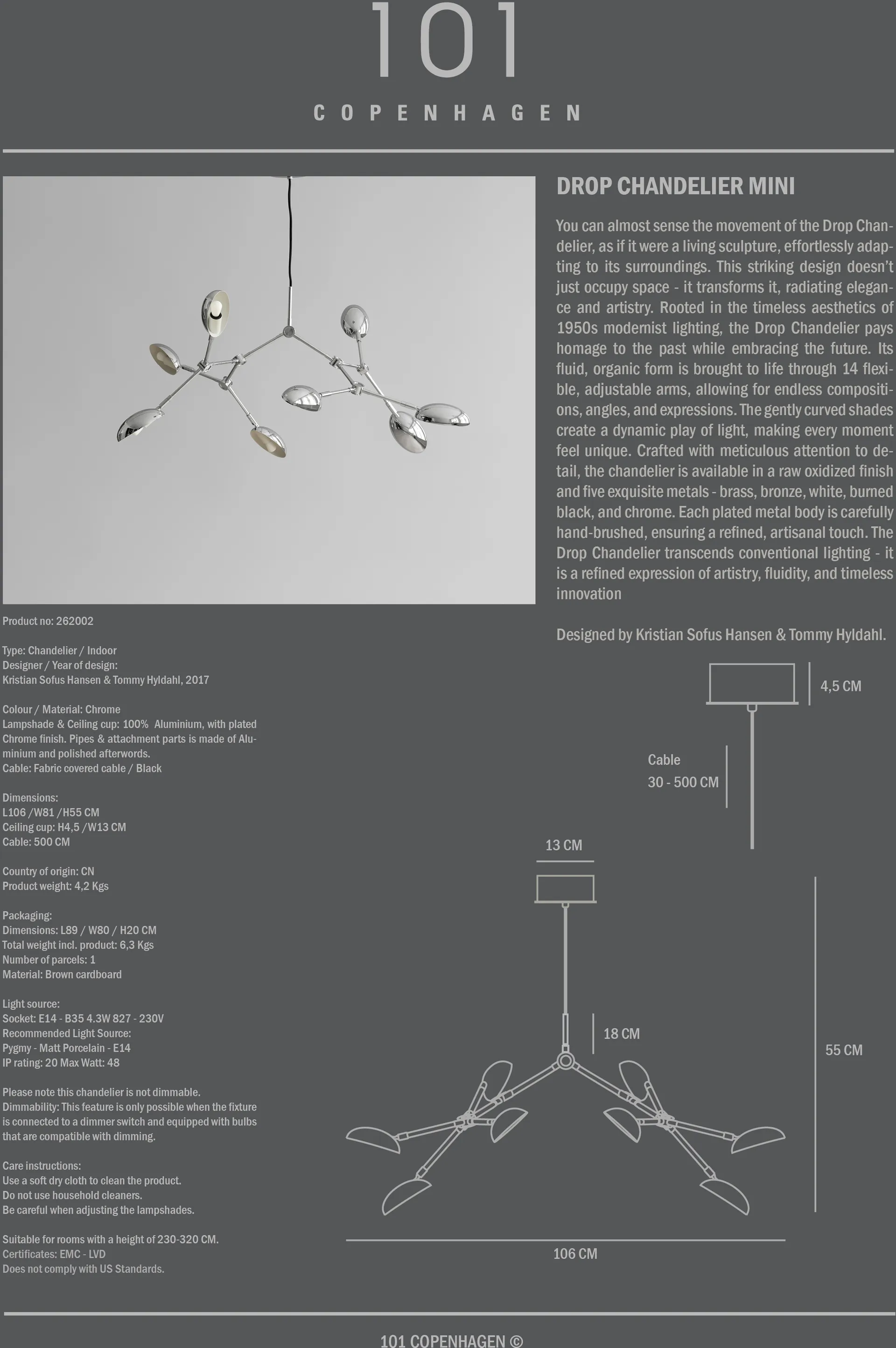 Drop Chandelier lysekrone mini, Chrome 101 Copenhagen