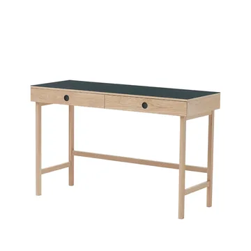 Mind skrivebord - sort linoleum, skinn og ben i hvitoljet eik - A2