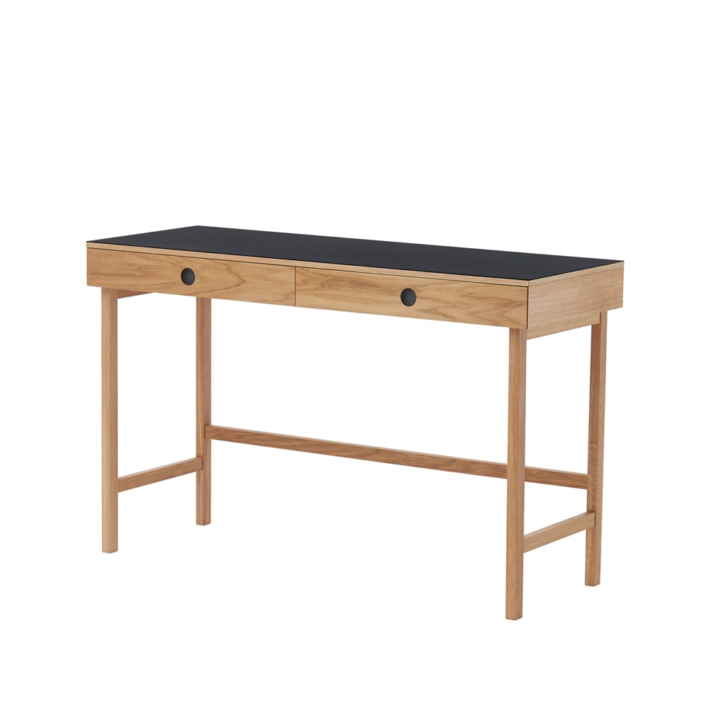 A2 Mind skrivebord sort linoleum, skinn og ben i oljet eik