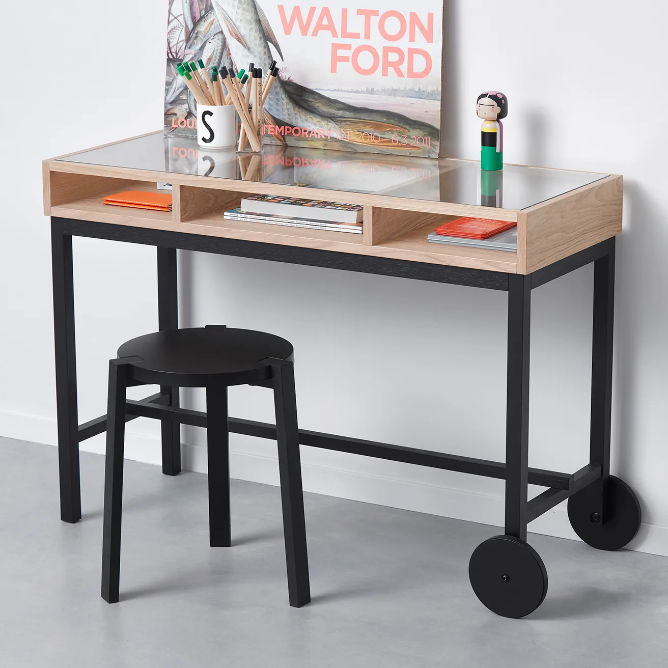 Shift skrivebord med hjul, Hvitoljet eik-svart A2