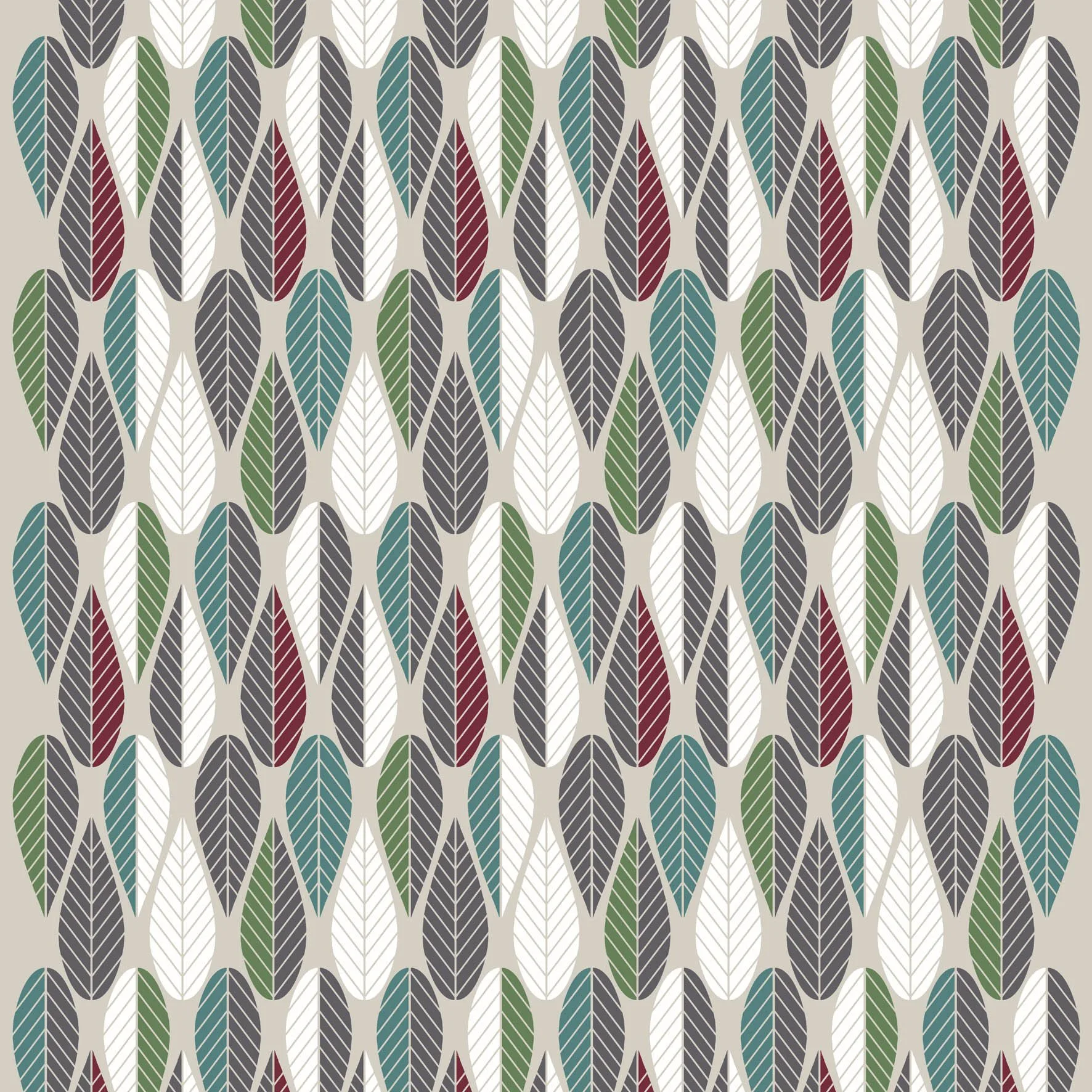 Blader stoff, vinrød-grønn-grå Arvidssons Textil