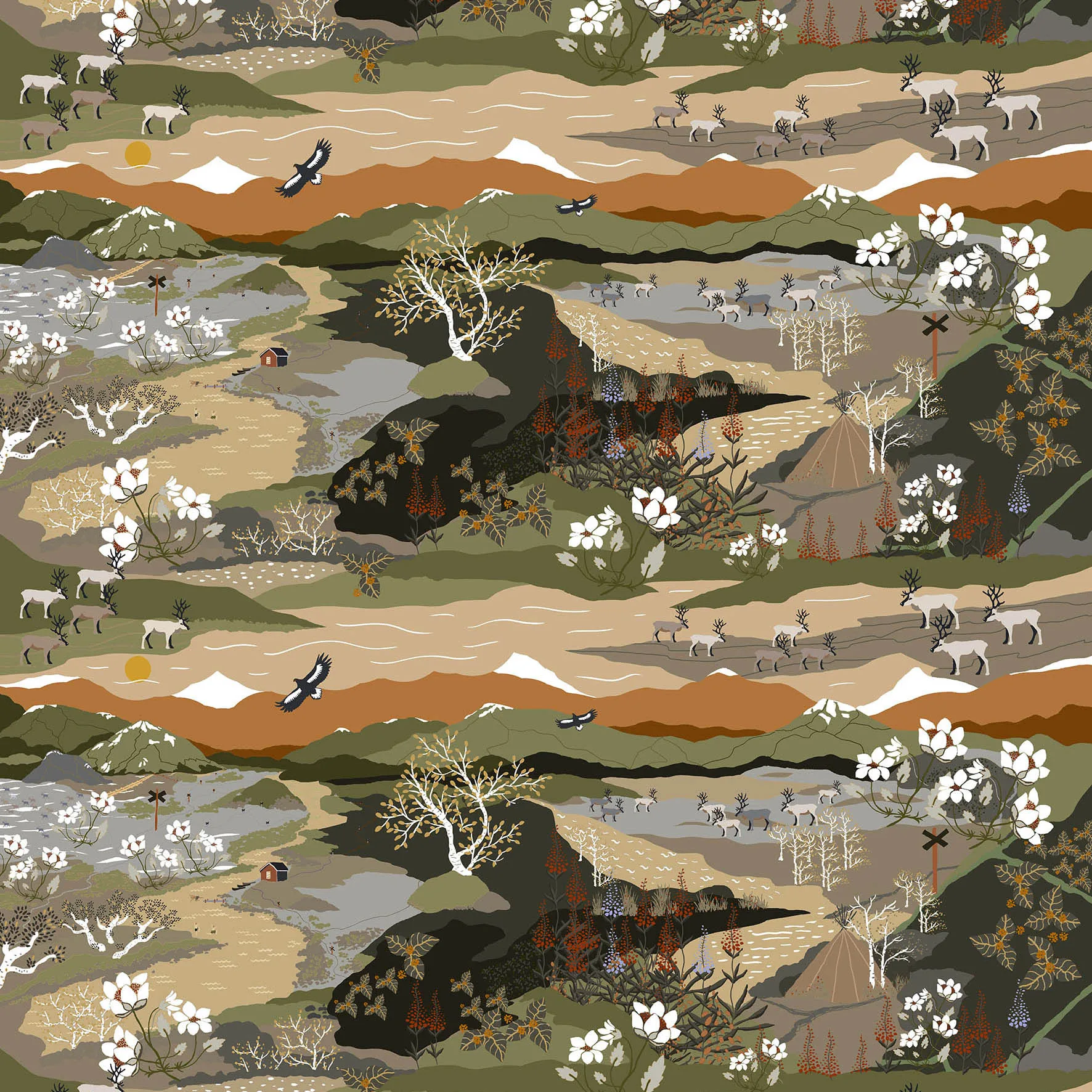 Fjällvandring stoff, Grønn-rust Arvidssons Textil