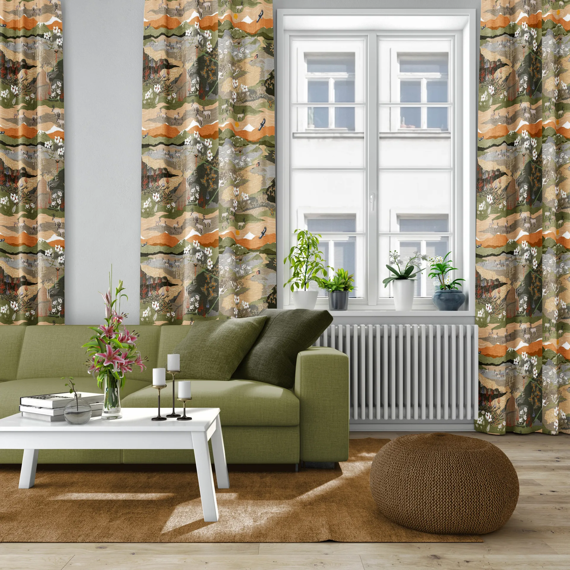 Fjällvandring stoff, Grønn-rust Arvidssons Textil