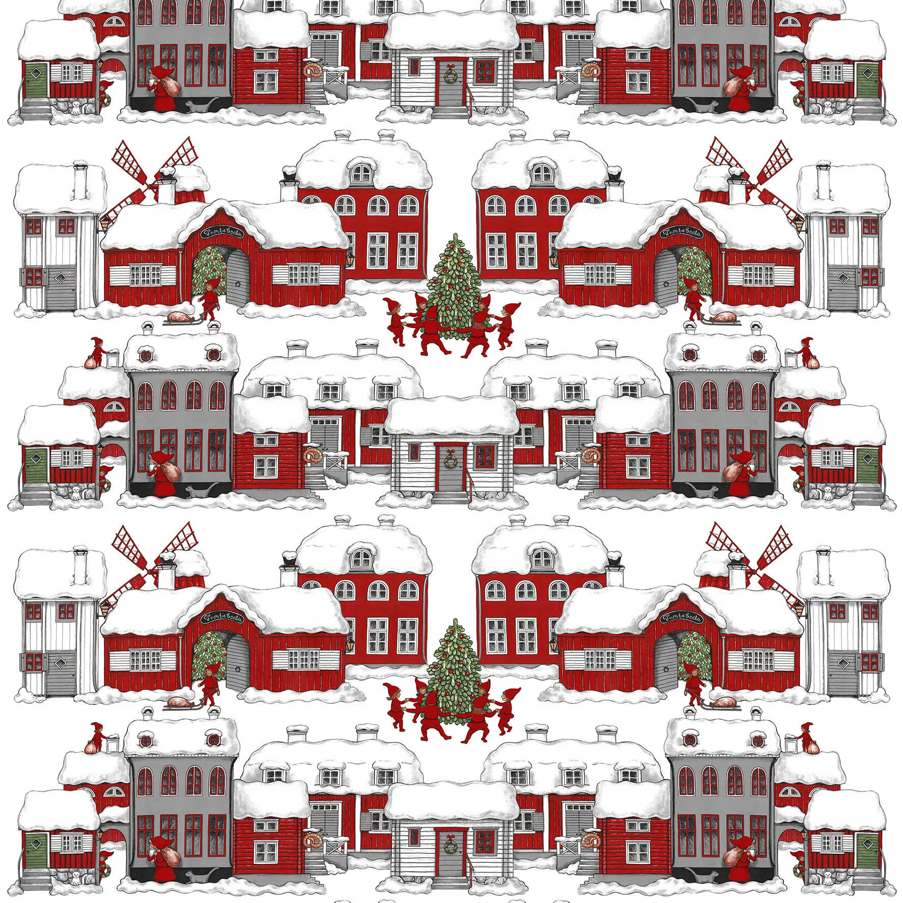 Tomteboda stoff, Off white-rød Arvidssons Textil