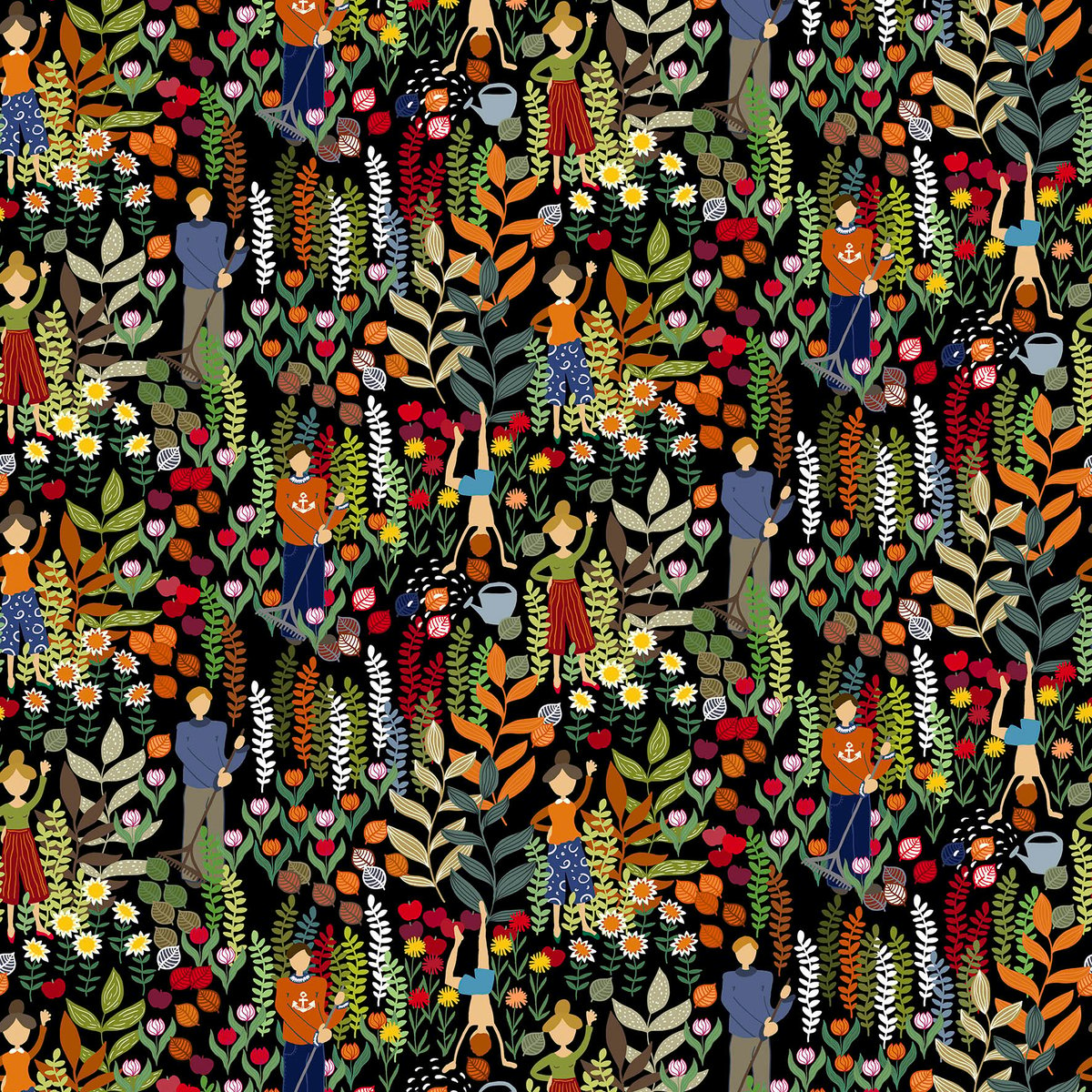 Bilde av Arvidssons Textil Trädgård stoff Svart-multi