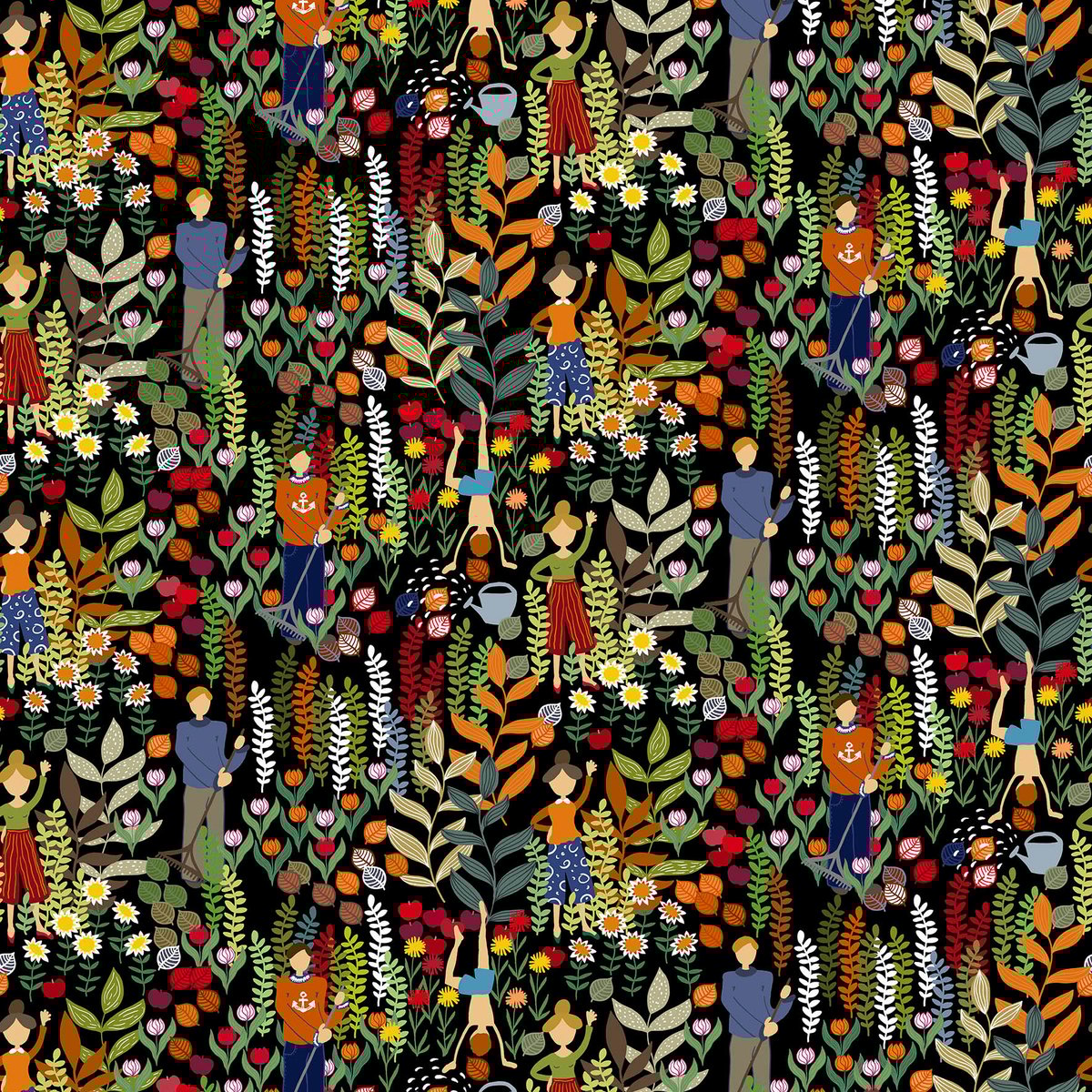 Bilde av Arvidssons Textil Trädgård stoff Svart-multi