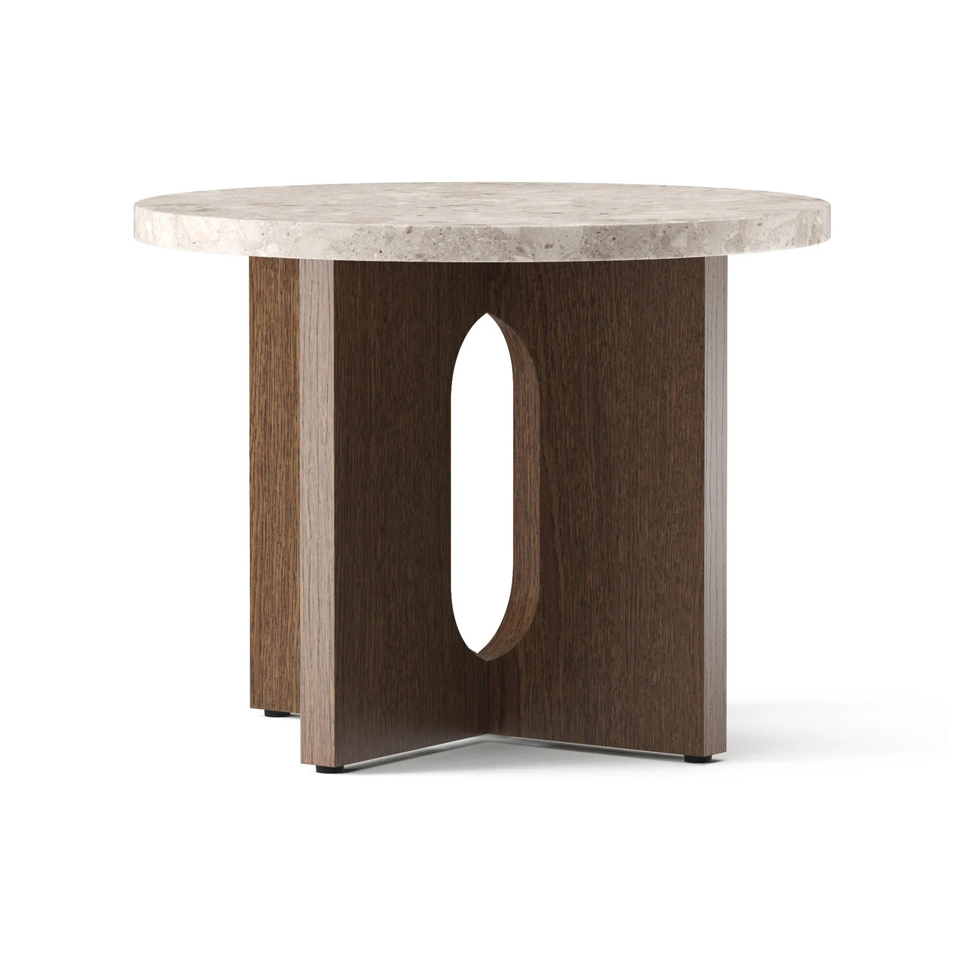 Androgyne sidebord Ø 50 cm mørkbeiset eik, Kunis Breccia-bordplate Audo Copenhagen