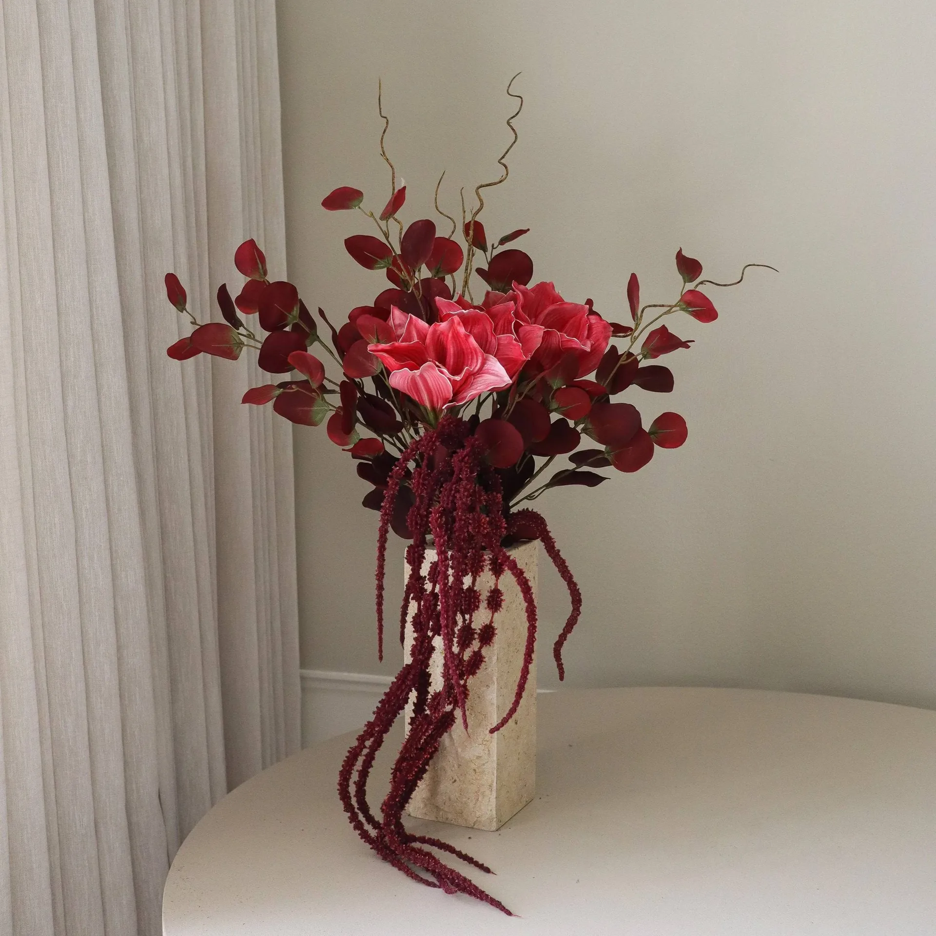 Deep bloom kunstig bukett, Amaryllis, eukalyptus, amarant, greiner, 120 cm Botané