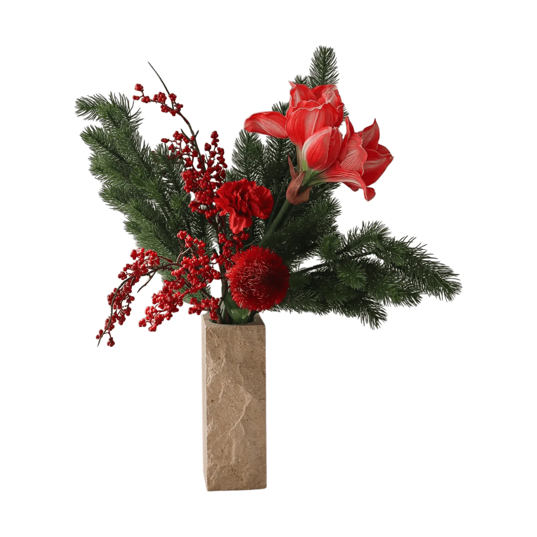 Red spritz kunstig bukett, Amaryllis, nellik, bærkvister, granbar, 72 cm Botané