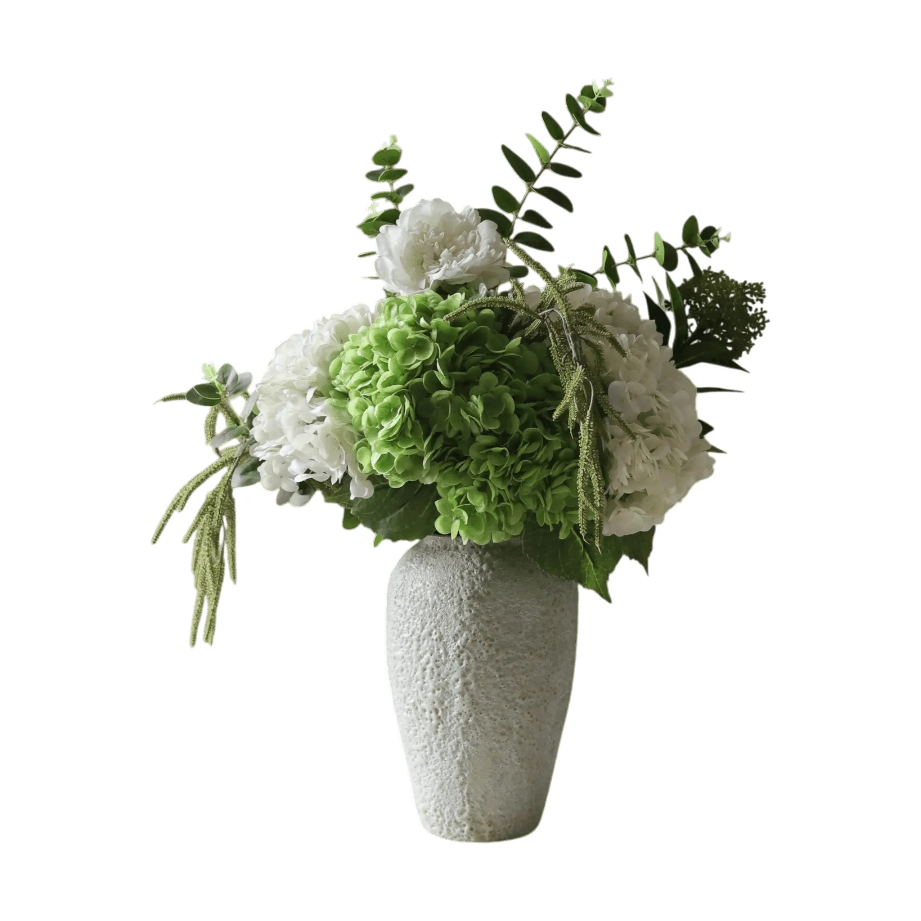 Smashed Avocado kunstig bukett, Hortensia-peon-amarant-skimmiabær-eukalyptus 12 stk Botané