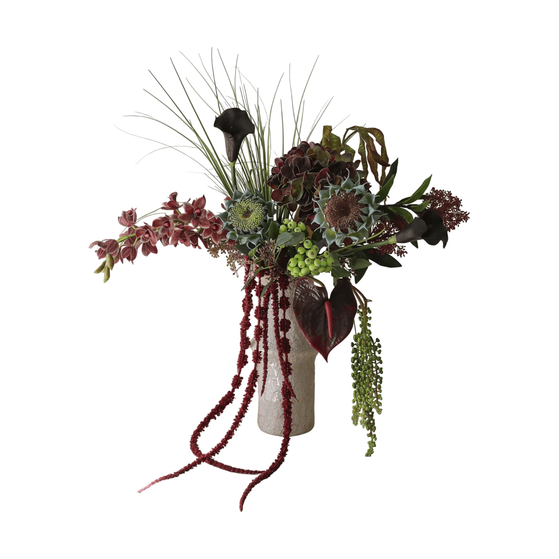 Woodland Nocturne kunstig bukett, Kalla-anthurium-hortensia-høstsolsikke, 112 cm, 14 stk Botané