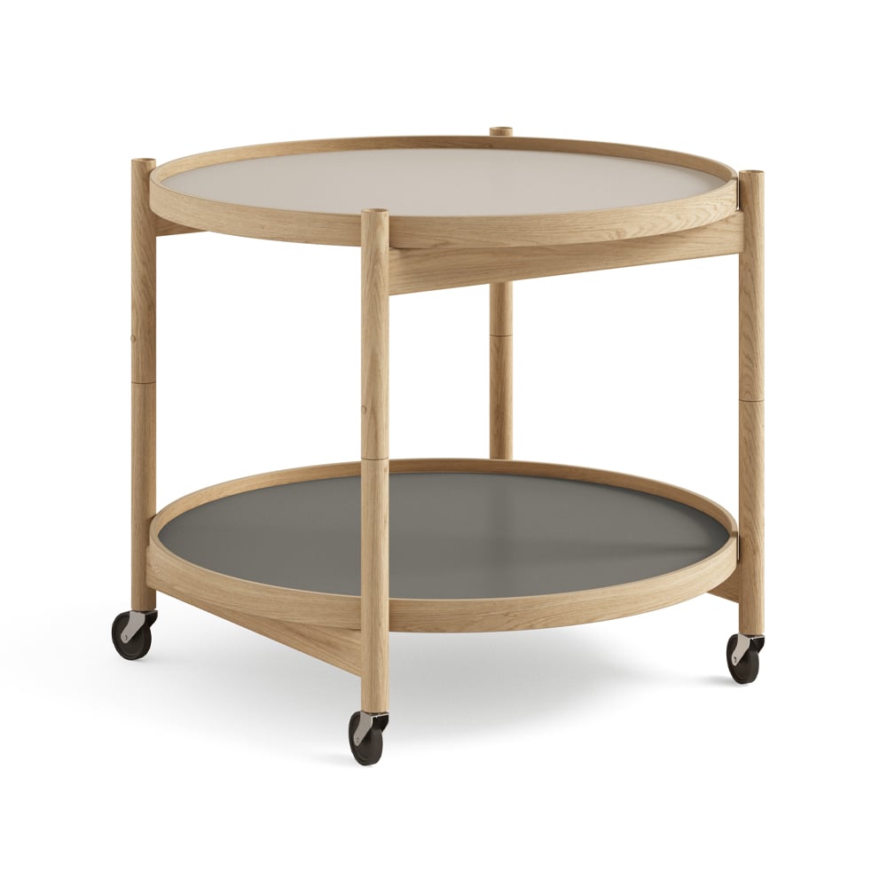 Brdr. Krüger Bølling Tray Table model 60 rullebord stone, oljet eikestativ