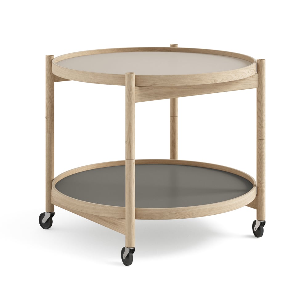 Brdr. Krüger Bølling Tray Table model 60 rullebord stone, ubehandlet eikestativ