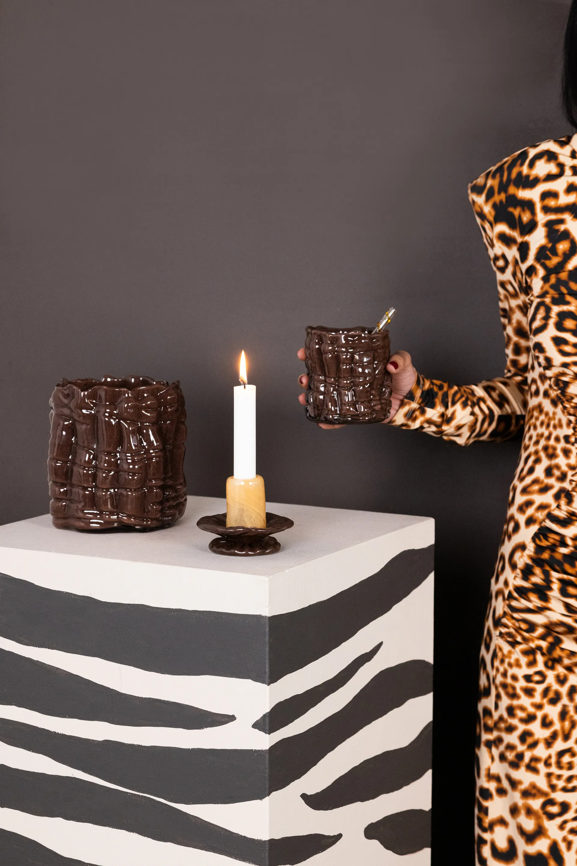 Lara lysestake XS 9 cm, Oransje-brun Byon