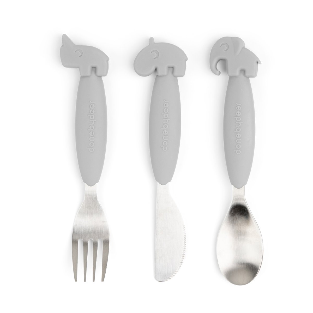 Done by deer Deer Friends Easy-grip bestikksett 3 deler Grey