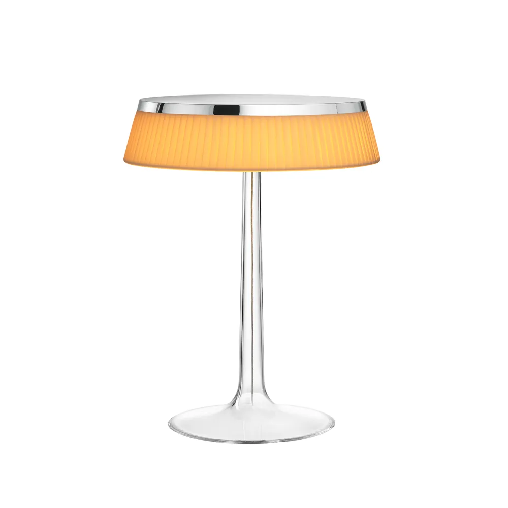 Bon Jour T bordlampe, Chrome-soft stoff skjerm Flos