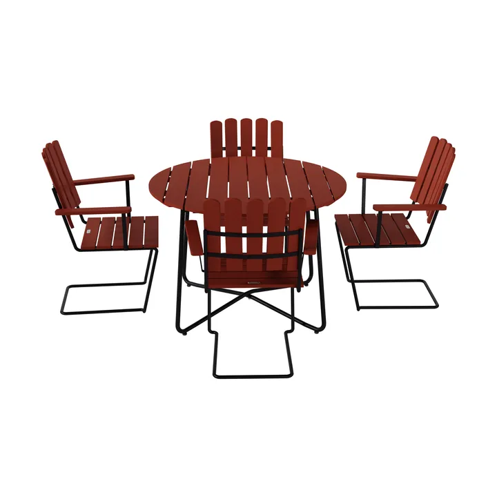 9A spisebord Ø100 cm + 4 A2 lenestol, mørkerød eik-svart stativ - Grythyttan Stålmöbler