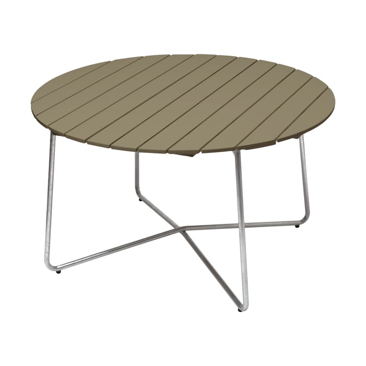 9A spisebord - Lysegrønn eik-varmgalvanisert stativ Ø120 cm - Grythyttan Stålmöbler