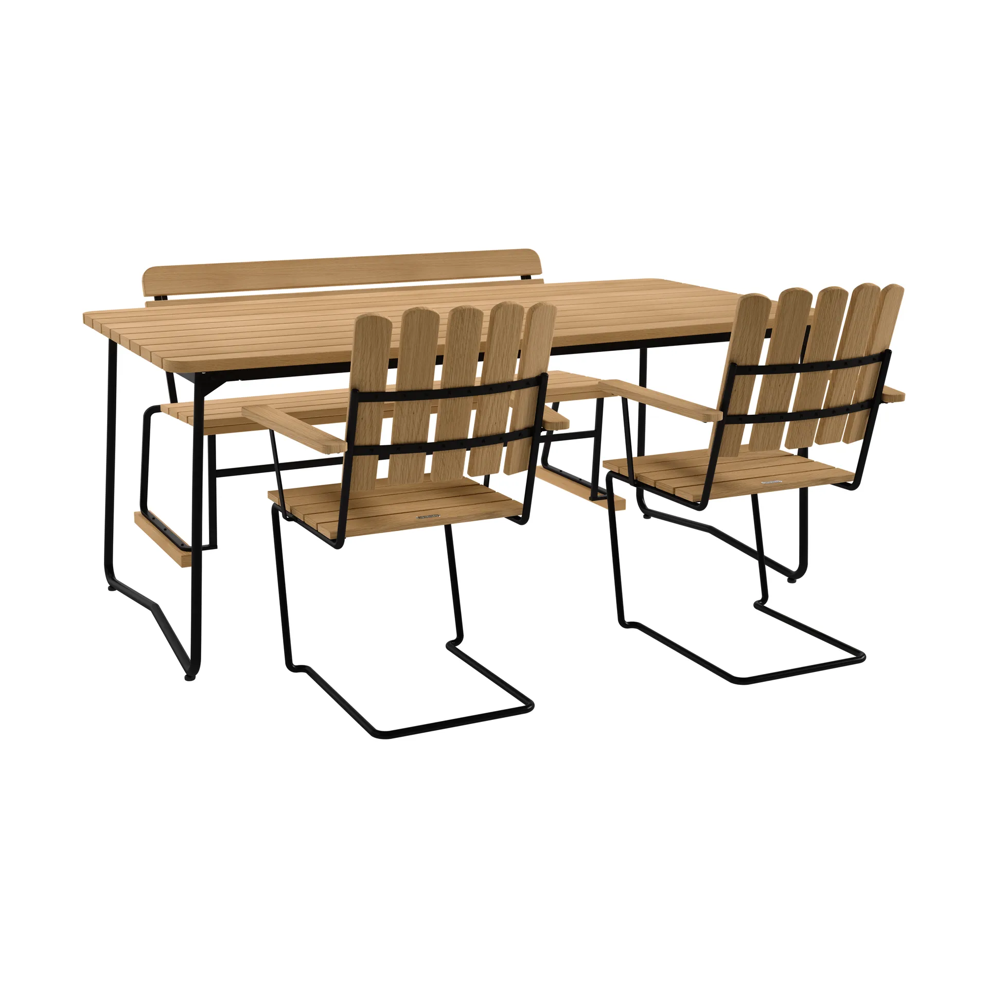 B31 bord 170 cm + 2 A2 lenestol + sofa 3, oljet eik-svart stativ,  Grythyttan Stålmöbler