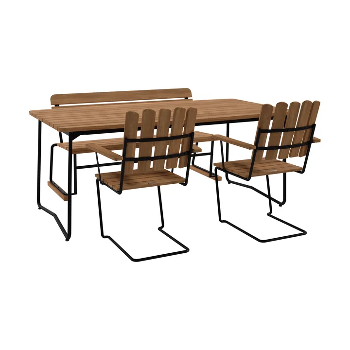 B31 bord 170 cm + 2 A2 lenestol + sofa 3, teak-svart stativ - Grythyttan Stålmöbler