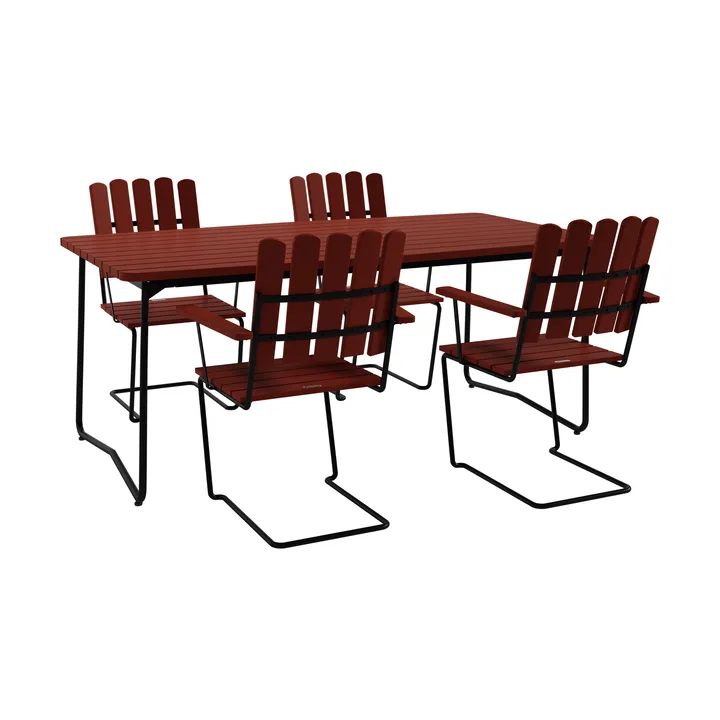 B31 bord 170 cm + 4 A2 lenestol, mørkerødt eik-svart stativ - Grythyttan Stålmöbler
