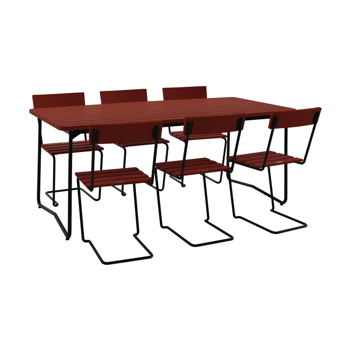 B31 bord 170 cm + 6 Stol 1, mørkerød eik-svart stativ - Grythyttan Stålmöbler