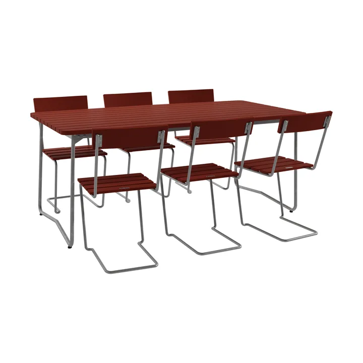 B31 bord 170 cm + 6 Stol 1, mørkerød-varmgalvanisert stativ - Grythyttan Stålmöbler