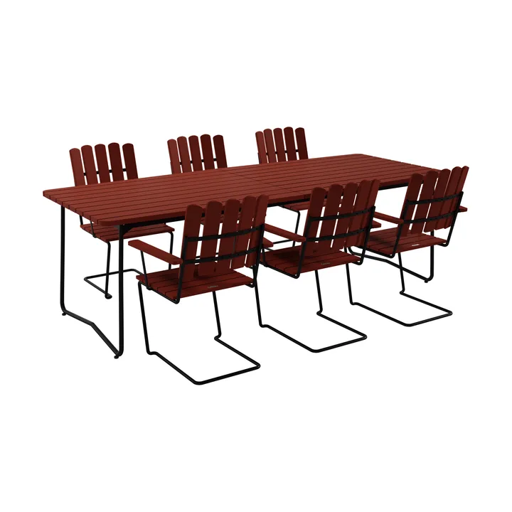 B31 bord 230 cm + 6 A2 lenestol, mørkerød eik-svart stativ - Grythyttan Stålmöbler