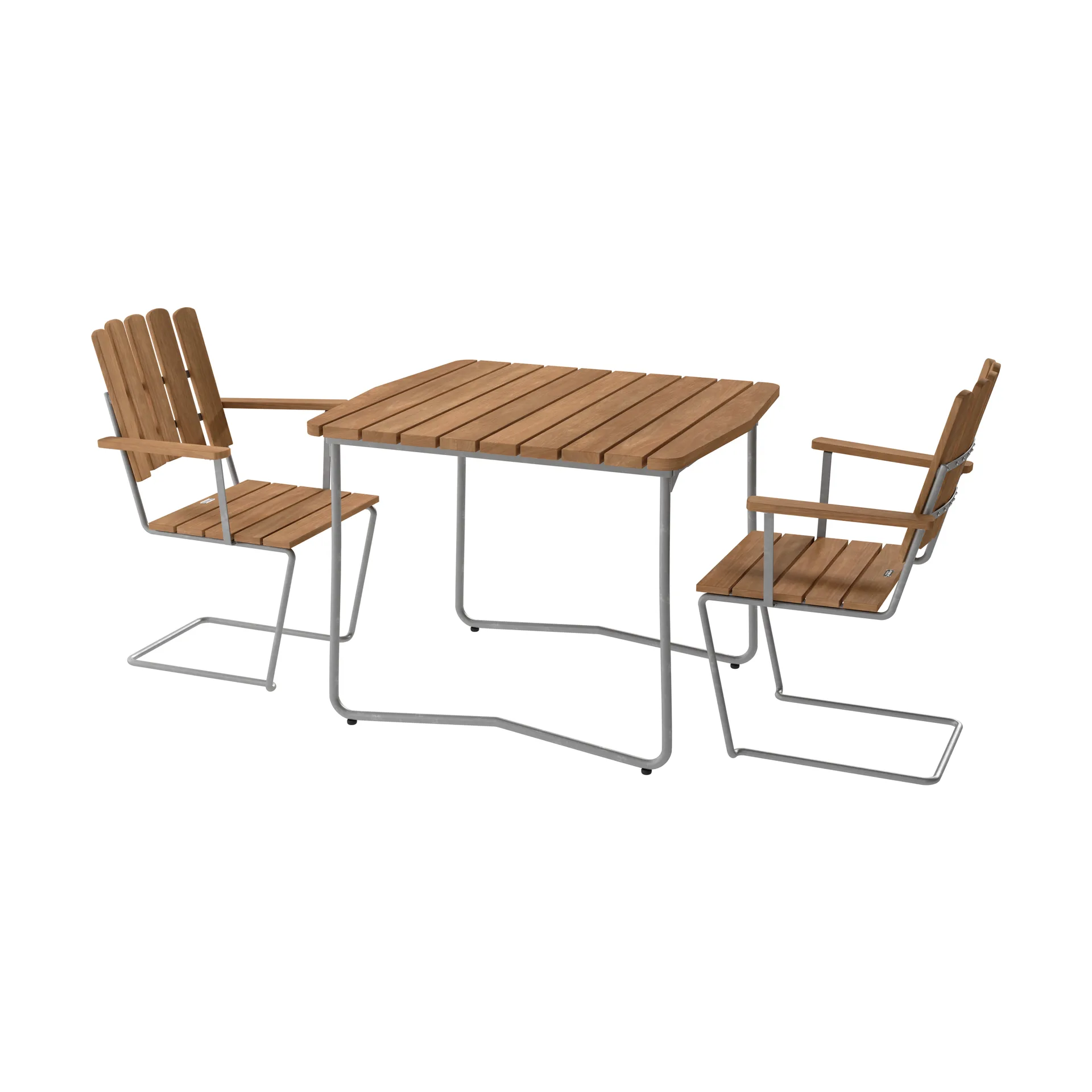 B31 bord 92 cm + 2 A2 lenestol, teak-varmgalvanisert stativ,  Grythyttan Stålmöbler