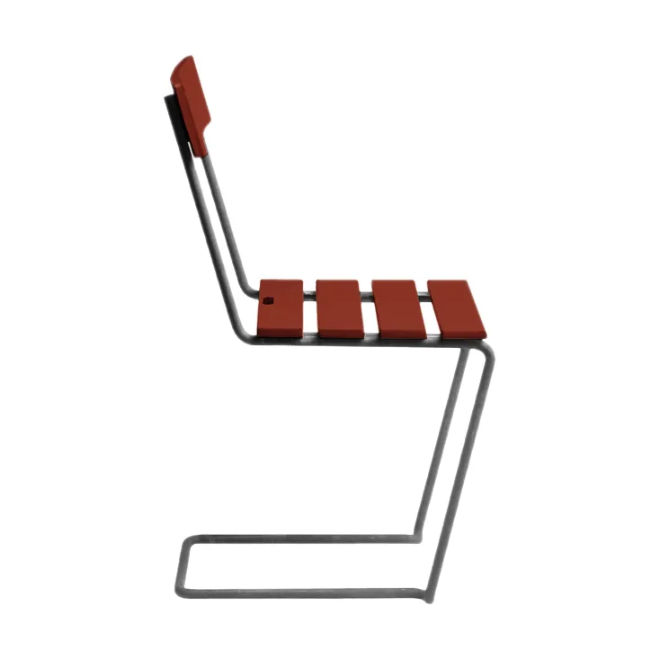 Stol 1, Mørkerød lakkert eik-varmgalvanisert stativ Grythyttan Stålmöbler
