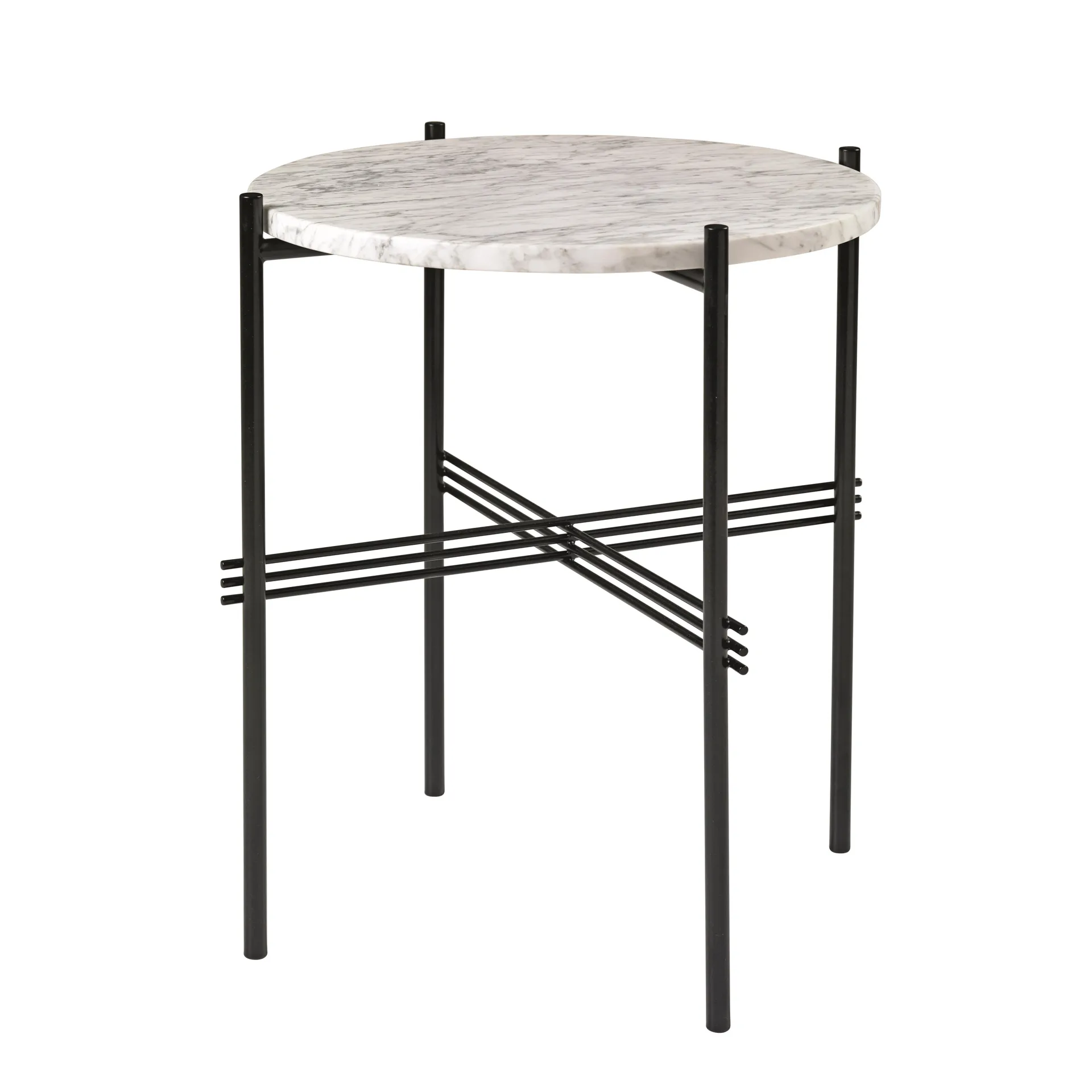 TS bord svarte bein Ø 40 cm, hvit marmor GUBI