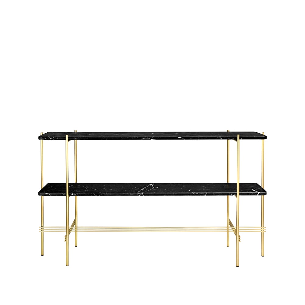 Bilde av GUBI TS Console avlastningsbord 120 x 30 x 72 cm black marquina marble messingstativ 2 marmorhyller