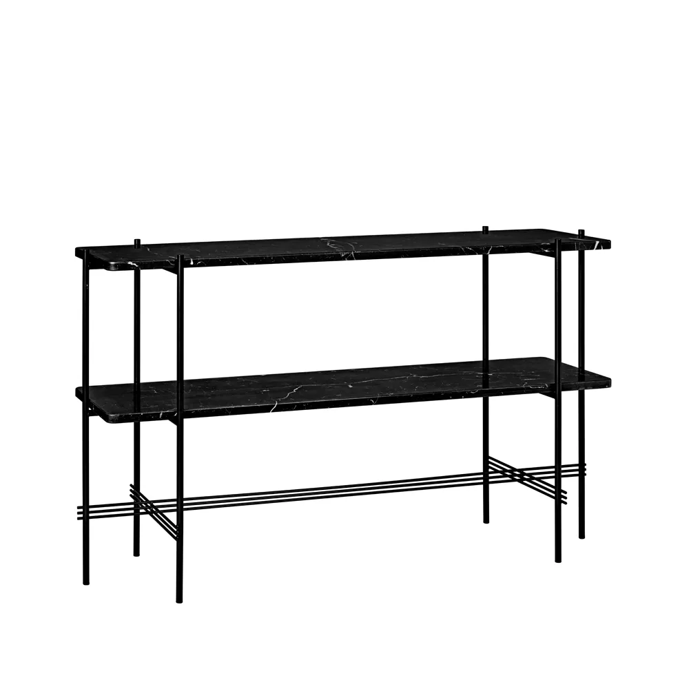 TS Console avlastningsbord 120 x 30 x 72 cm, black marquina marble, sort stativ, 2 marmorhyller GUBI