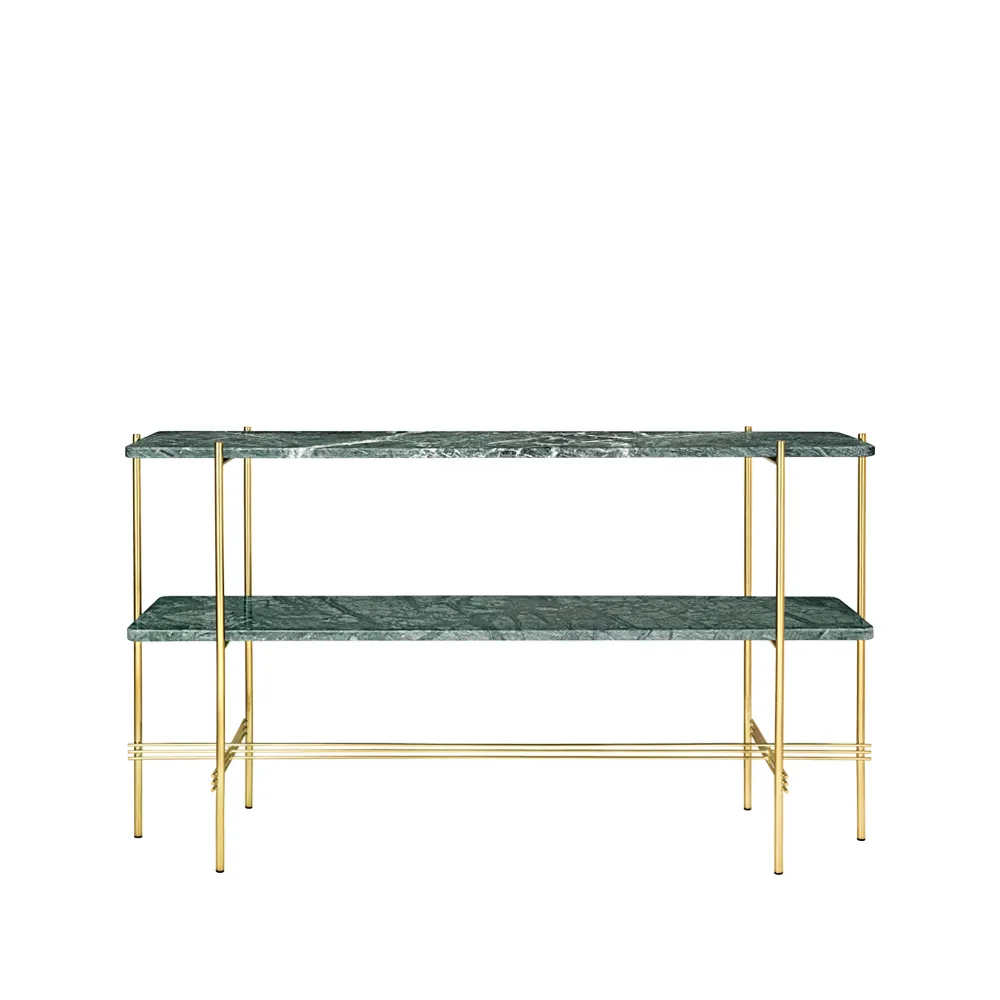 TS Console avlastningsbord 120 x 30 x 72 cm, green guatemala marble, messingstativ, 2 marmorhyller GUBI