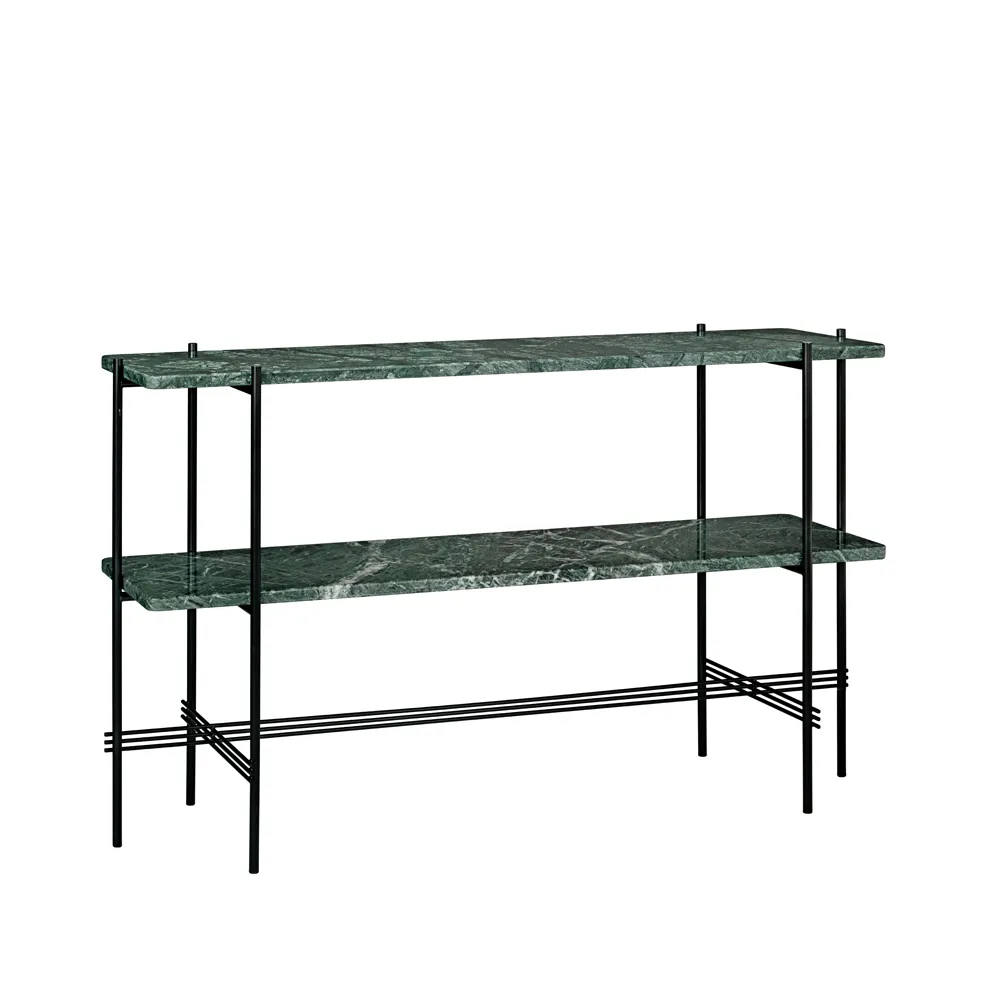 TS Console avlastningsbord 120 x 30 x 72 cm, green guatemala marble, sort stativ, 2 marmorhyller GUBI