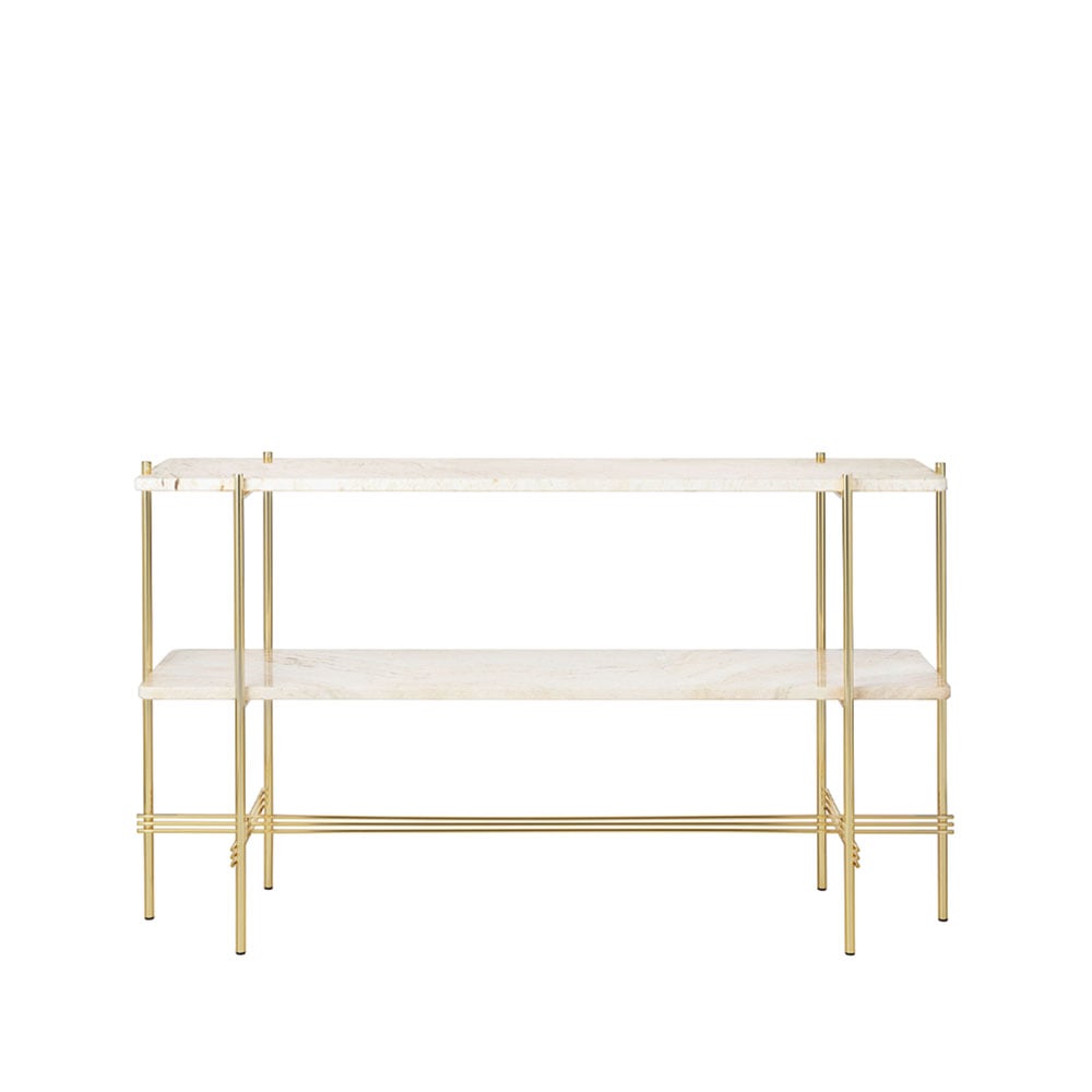 Bilde av GUBI TS Console avlastningsbord 120 x 30 x 72 cm natural white travertine messingstativ 2 marmorhyller
