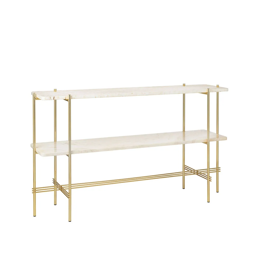 TS Console avlastningsbord 120 x 30 x 72 cm, natural white travertine, messingstativ, 2 marmorhyller GUBI