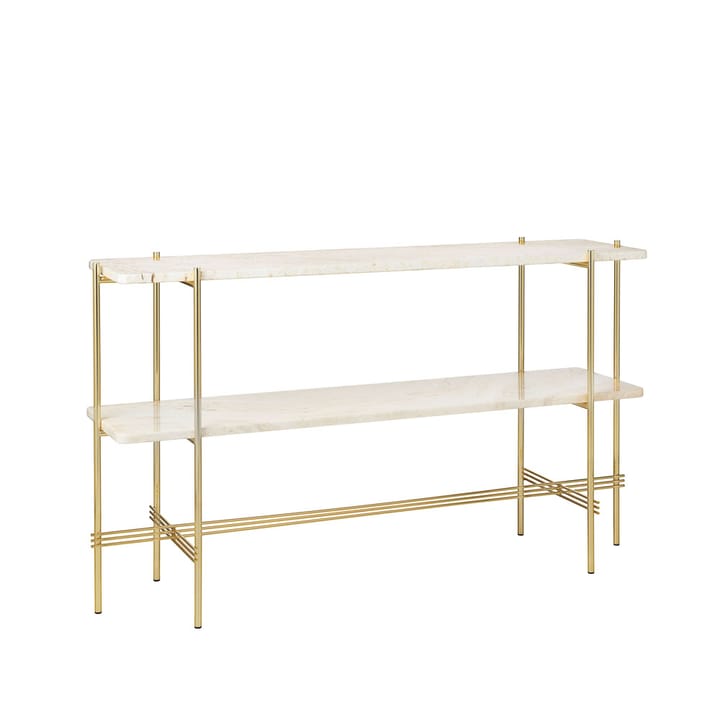 TS Console avlastningsbord 120 x 30 x 72 cm - natural white travertine, messingstativ, 2 marmorhyller - GUBI