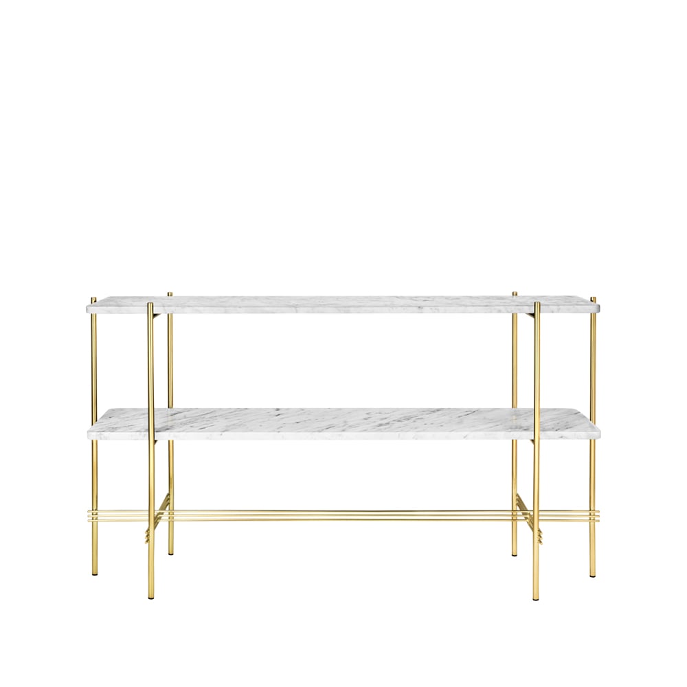 Bilde av GUBI TS Console avlastningsbord 120 x 30 x 72 cm white carrara marble messingstativ 2 marmorhyller