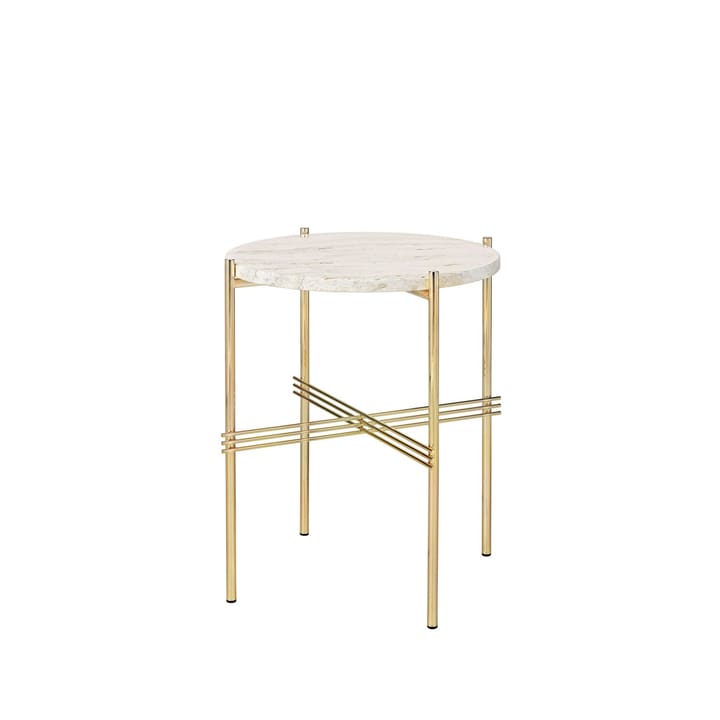 TS Round sidebord, natural white travertine, ø 40, messingstativ GUBI