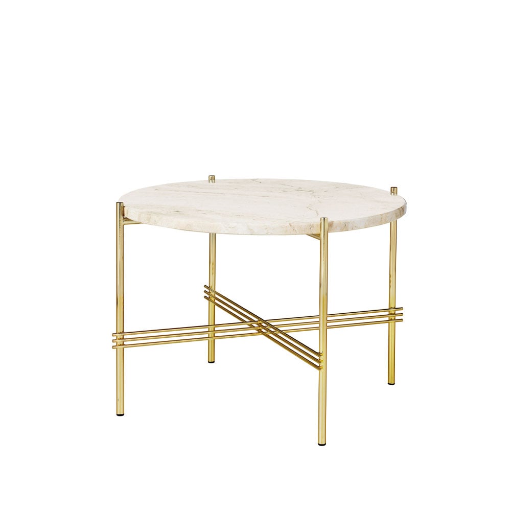 Bilde av GUBI TS Round sidebord natural white travertine Ø 55 cm messingstativ