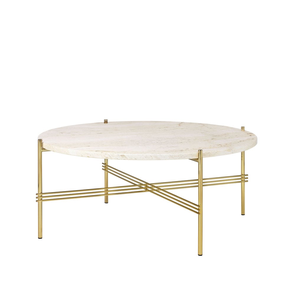 Bilde av GUBI TS Round sidebord Natural white travertine Ø 80 cm messingstativ