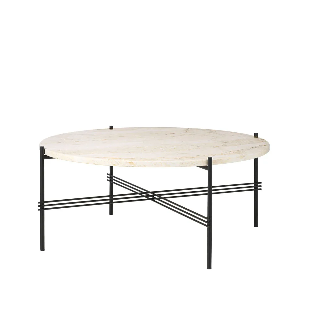 TS Round sidebord, Natural white travertine, Ø 80, sort stativ GUBI