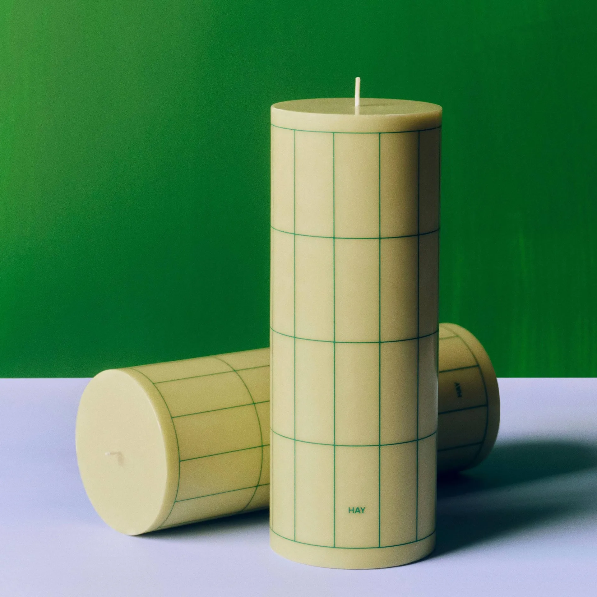 Column Candle blokklys large 25 cm, Light green with dark green grid check HAY
