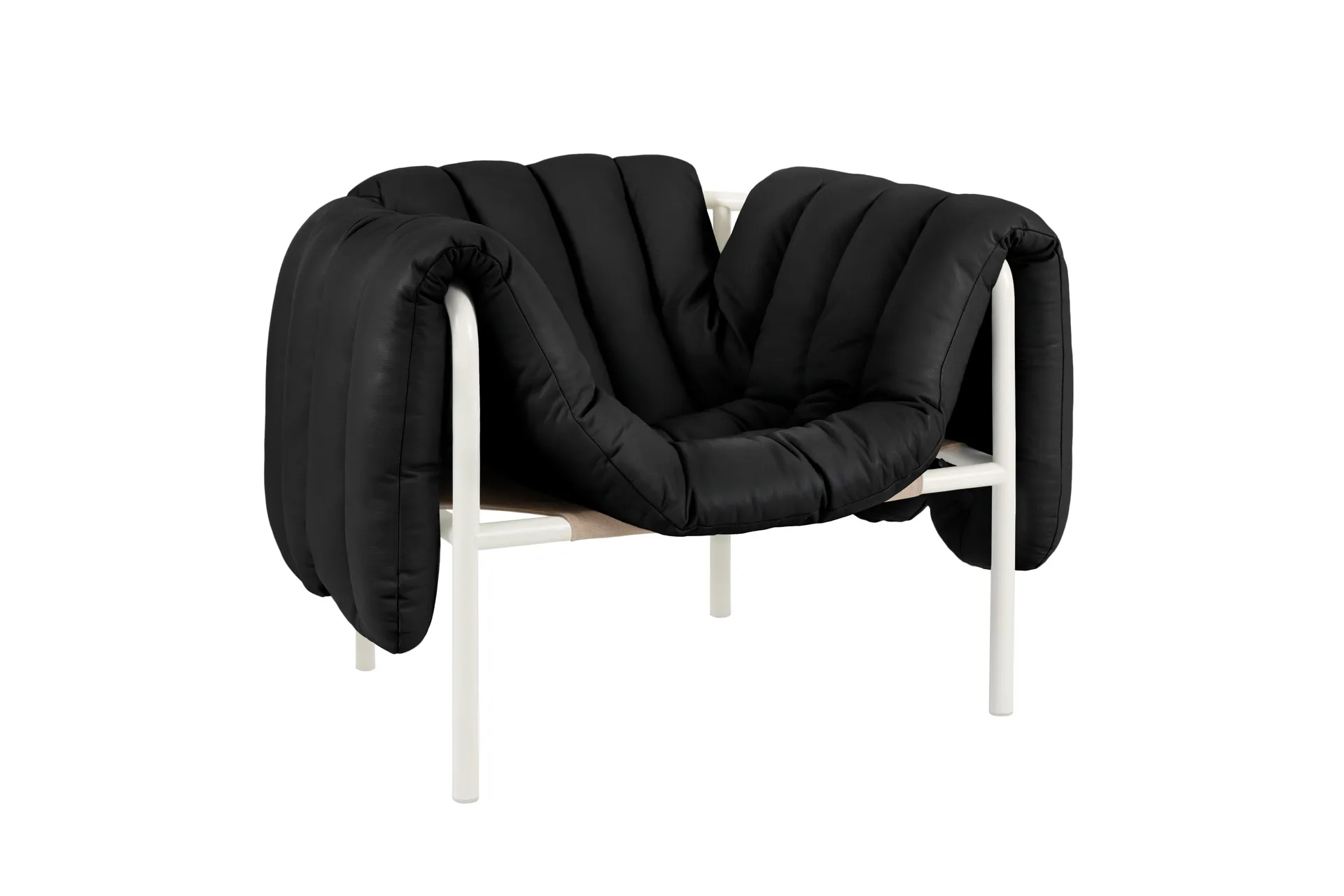 Puffy loungelenestol, Black leather-cream Hem