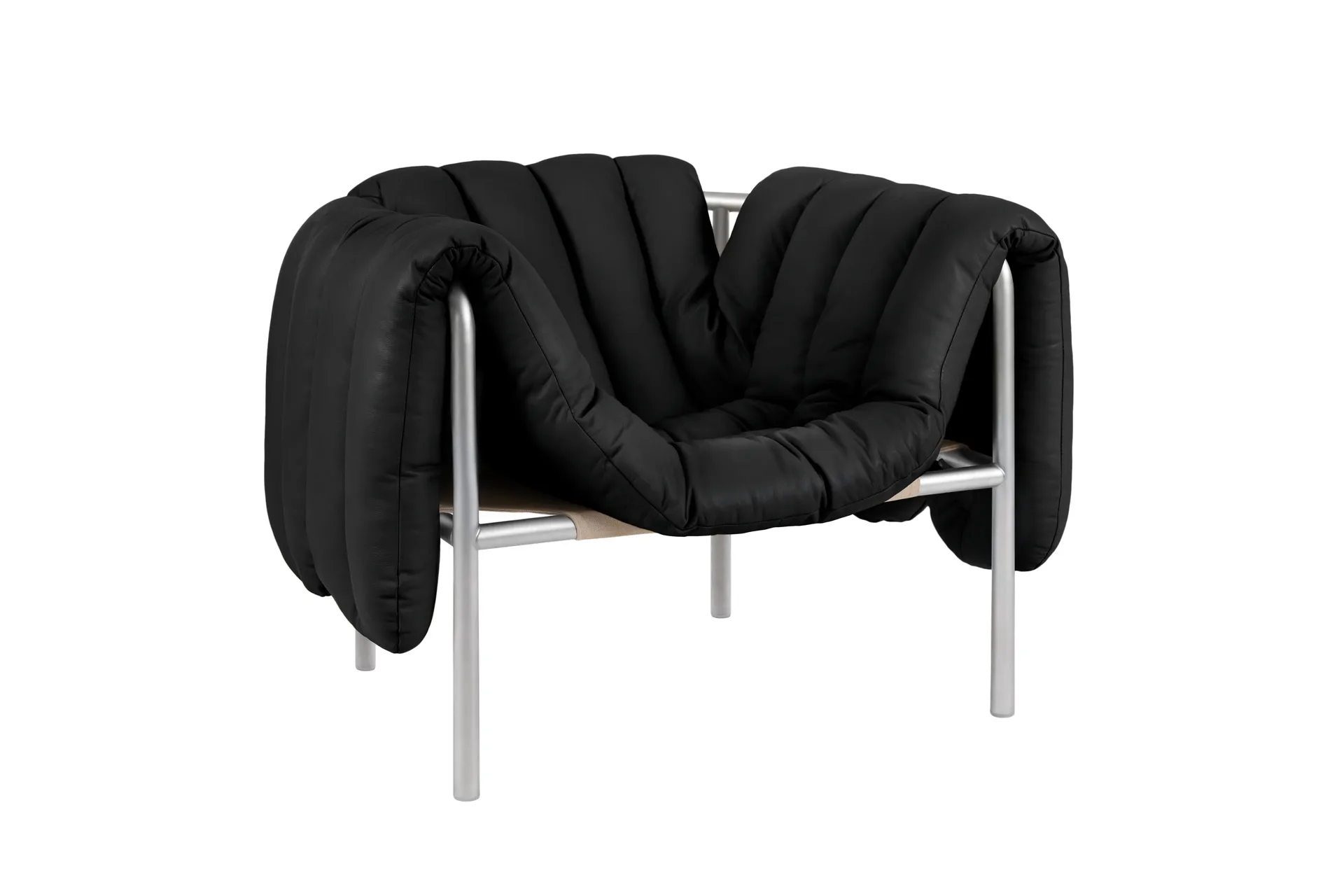 Puffy loungelenestol, Black leather-rustfritt stål Hem