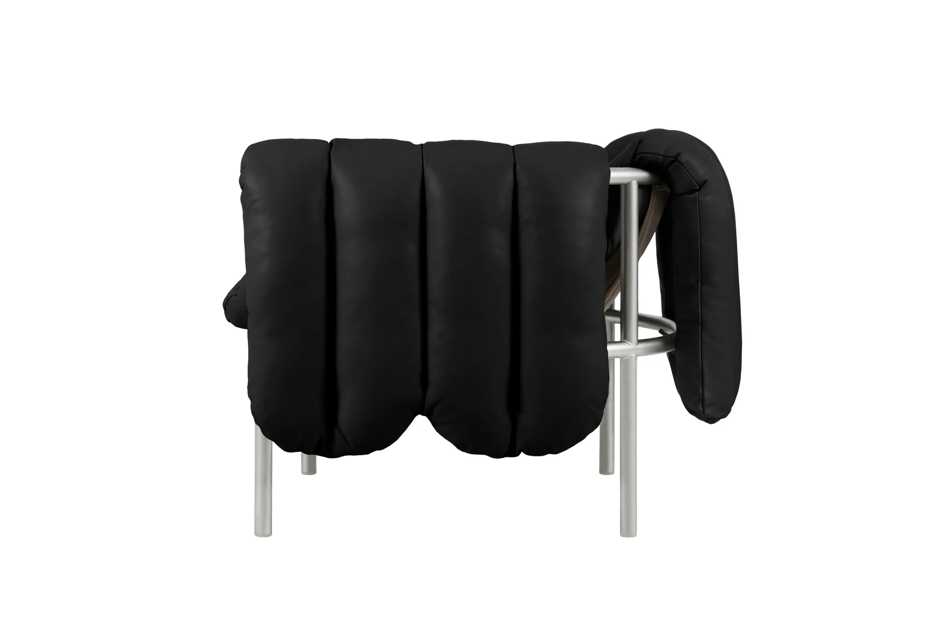 Puffy loungelenestol, Black leather-rustfritt stål Hem