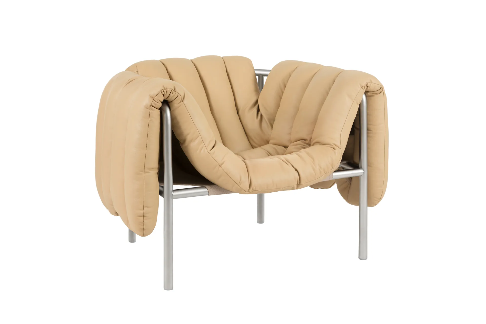 Puffy loungelenestol, Sand leather-rustfritt stål Hem