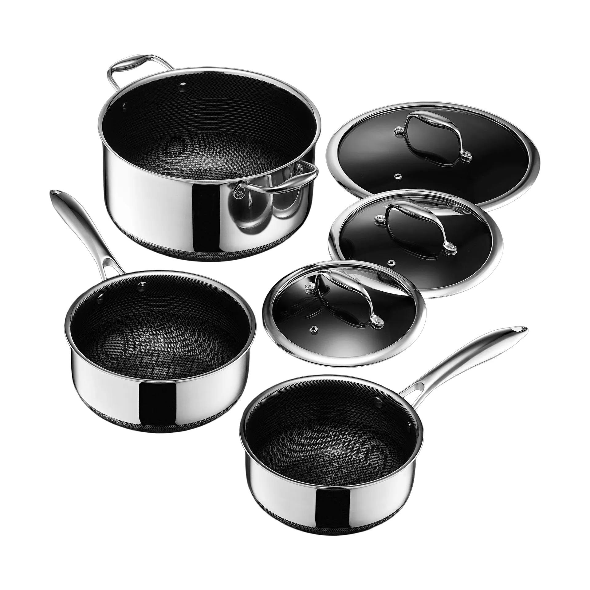 Hexclad kasserollesett inkl lokk 3 deler, Rustfritt stål Hexclad